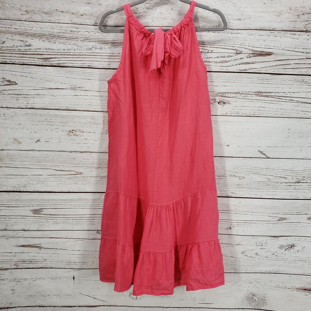 Bellambra Women's Coral Pink Linen Tiered Bow Tie Back Dress Size Small